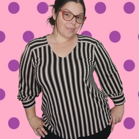 Adrianna Papell Tops - Adrianna Papell Sz XL Black Beige Striped 3/4 Sleeve Cuff Blouse Top